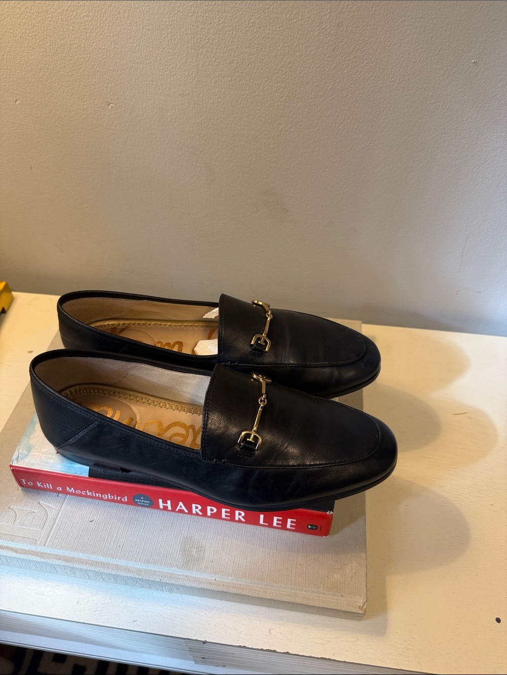 Sam Edelman Black Leather Bit Loafers with Gold Hardware - Picture 2 of 6